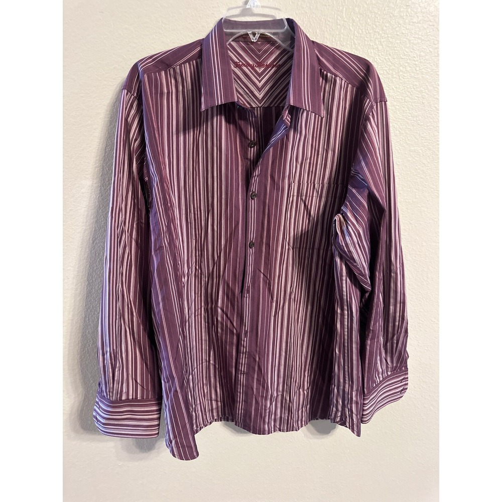 Tommy‎ Bahama Silk Button Down Shirt Striped Dressy Casual Purple L